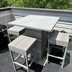 Gray patio table set w/ 4 wicker stools