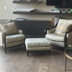 Baker 3 Piece Chair and Ottoman Set, Green and Gold Leaf Nancy Corzine Fabric