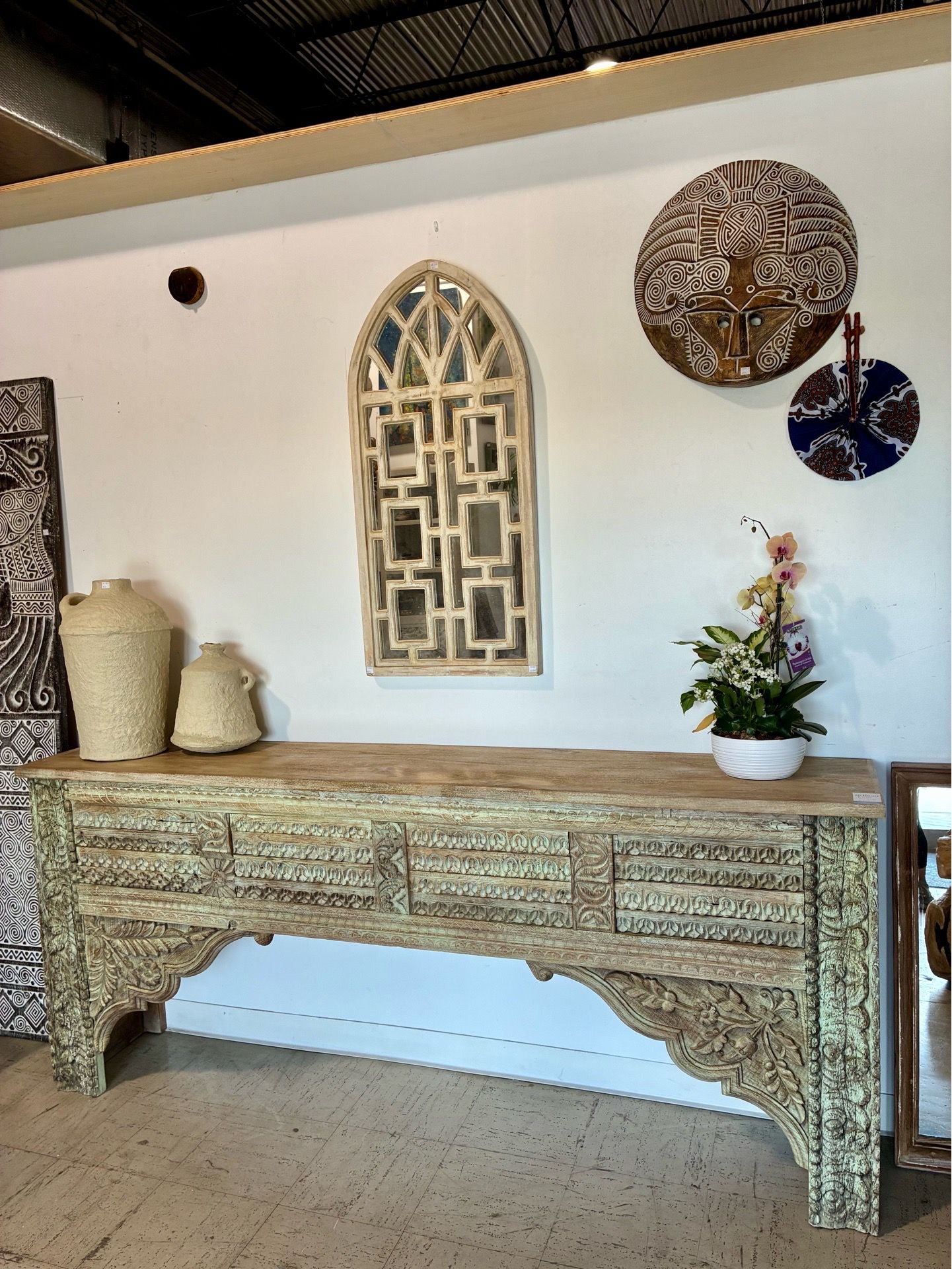 Reclaimed Carved Wood Console Table
