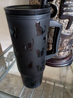 Black Cat Print Travel Tumbler with Handle & Straw.