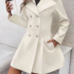 Women's Solid Double Button Pocket Overcoat, Casual Long Sleeve Lapel Neck Outerwear for Fall & Winter. Size L . 