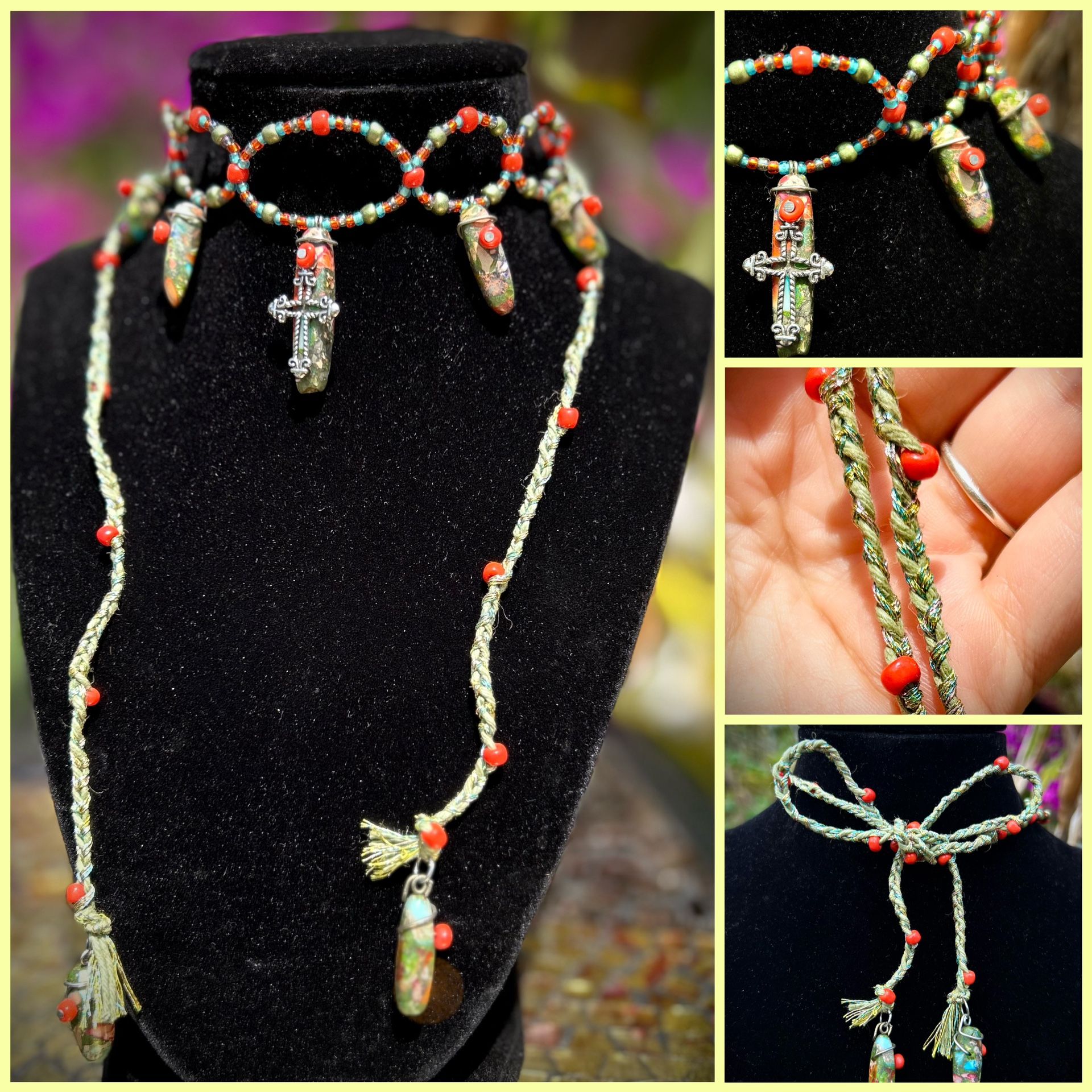 Orange Multicolor Stone Cross Handcrafted Choker Necklace