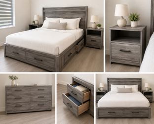 Ashley Gray Queen Storage Bedroom Set – Storage Bed, 2 Nightstands & Dresser
