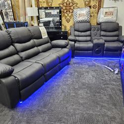 Free Local Delivery Black Leather LED Bluetooth Speaker Recliner Sofa Loveseat Two-piece Special