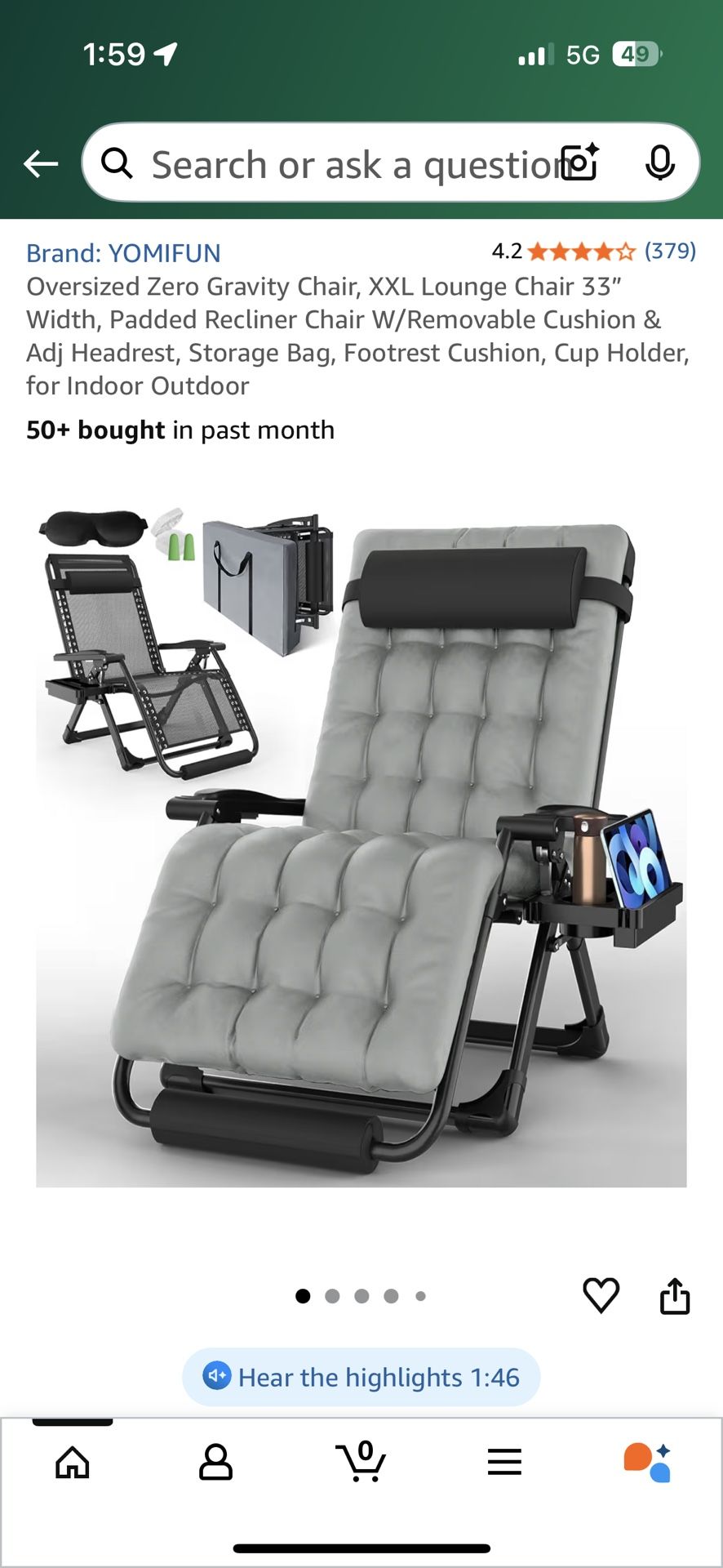 Oversized Zero Gravity Chair, XXL Lounge Chair 33” Width