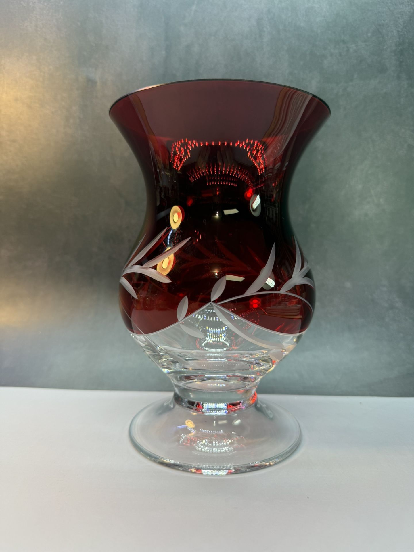Beautiful Lenox Petite Floral Ruby Red Etched Crystal Hurricane Candle Holder/Flower Vase. Xmas,Holidays,Valentines.Tiny chip on top lip hardy noticea