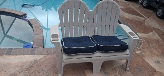 StyleWell 54 in. Putty Beige Plastic 2-Person Outdoor Adirondack Bench Phone Cup outdoor furniture pool deck spa balcony patio lawn yard garden porch
