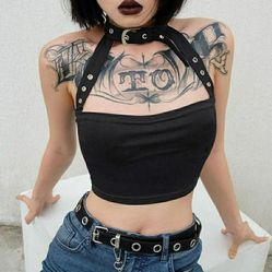 NEW WOMENS BLACK SILVER BUCKLE CHOKER CROP TOP SHIRT TANK HALTER GOTH PUNK CLUBWEAR SMALL SM