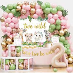 Two Wild Birthday Decorations Girl, Jungle Theme 2nd Birthday Party Supplies for Girls, Jungle Animal 2nd Bday Decoration for Girls, Second Bday Decor