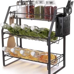 3-Tier Spice Rack with Chopstick Cutlery Shelf & Hooks, Countertop Standing Spice Organizer for Countertop Cabinet Pantry Bathboom Kitchen Office, Bla