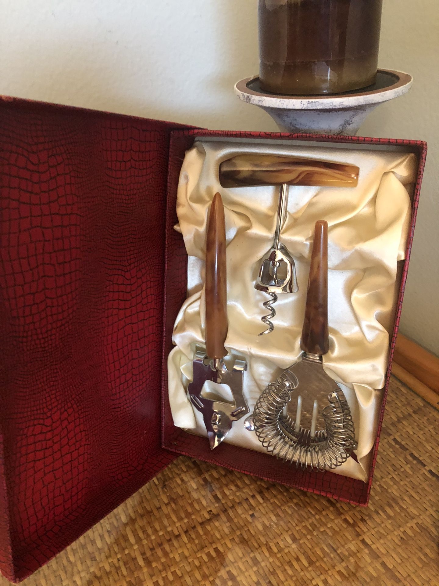 MCM Boxed Vintage Bar Set Corkscrew Strainer Bottle Opener Bar Tools