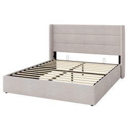 SHA CERLIN Full Size Lift Up Hydraulic Storage Bed Frame Light Beige