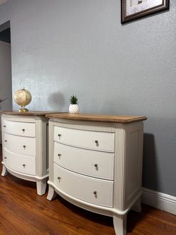 Refinished Cream & Wood Nightstands – Set of 2