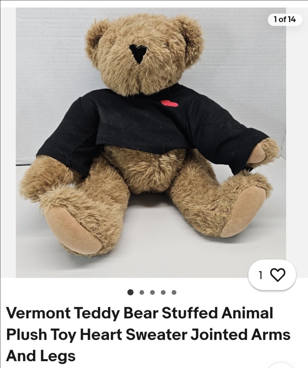 Vermont Teddy Bear Stuffed Animal Plush Toy Heart Sweater Jointed Arms And Legs