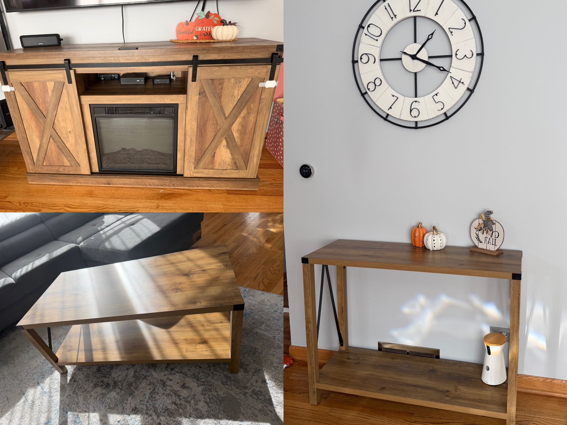 Living room furniture set. Rustic oak. Fireplace tv stand, console table and coffee table