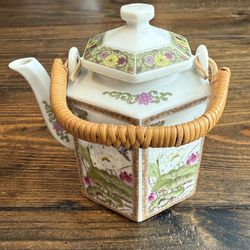 Andrea by Sadek Hexagonal Teapot Asian Oriental Birds Floral Metal Handle