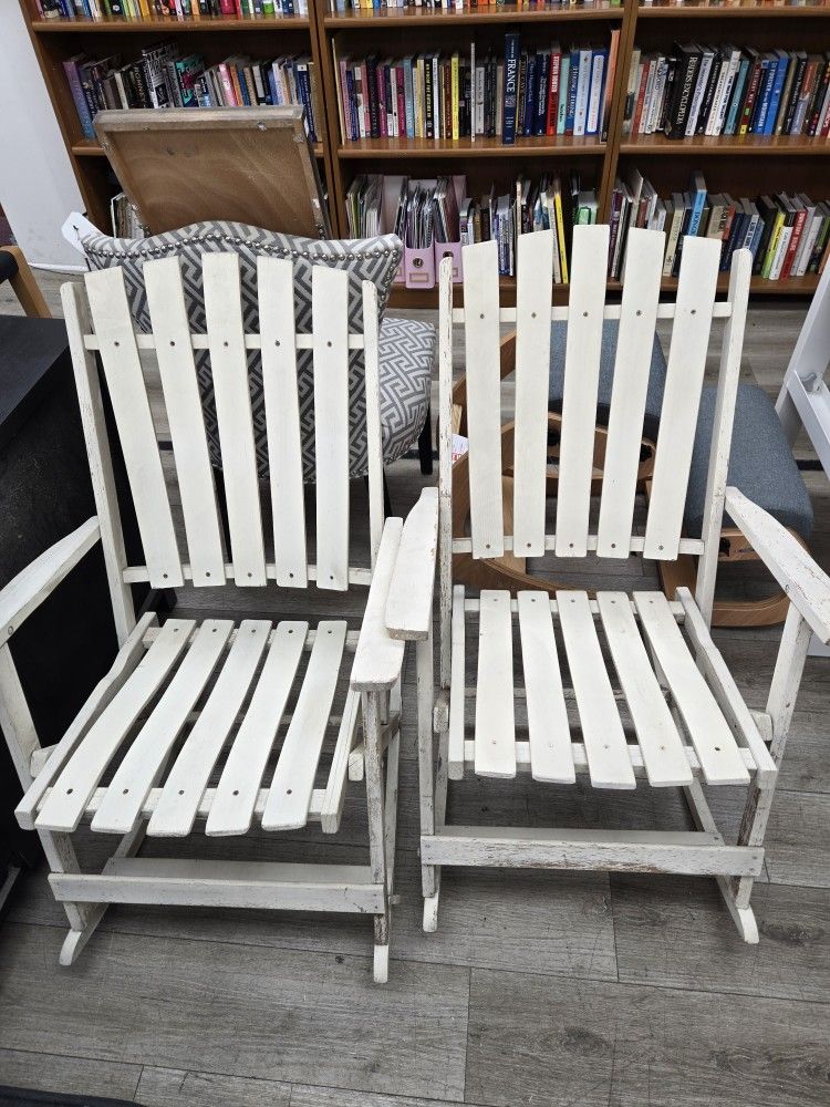Wood Rocking Chairs folding vintage shabby chic white weathered finish. Pair in great condition