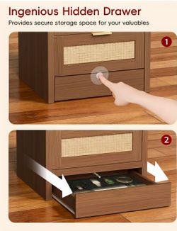 Pair of Wood Grain Nightstands with Rattan Drawers and Hidden Compartment