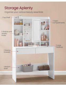 Vanity Desk with Mirror and Lights, Makeup Vanity with Upholstered Vanity Stool, Dimmable LED Lights, Adjustable Shelves, 7 Compartments, 2 Drawers, f