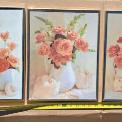 3 Panel Floral Artwork Gold Tone Plastic Frame
