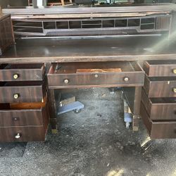 Free 1920 Hutch Desk 72” Wide, 38” Deep And 45” Tall.  8 Brass Legs, Heavy will Need trailer Or Long Bed Truck