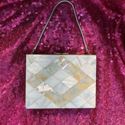 1950s Mother Of Pearl Deco Vintage makeup cigarette compact purse & mirror 