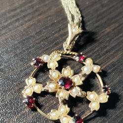 Antique 9k Gold Ruby And Pearl Necklace And Pendent