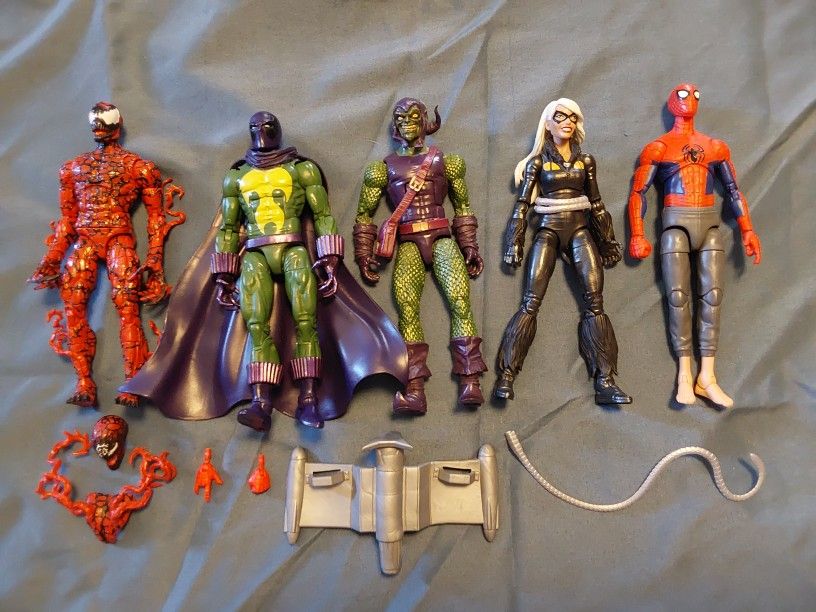 Marvel Legends Spider-Man Lot.  Carnage, Green Goblin, Prowler, Black Cat, Peter B Parker 
