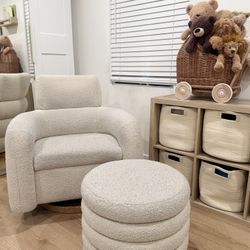 Crate and Barrel Swivel Glider Chair with Storage Ottoman 