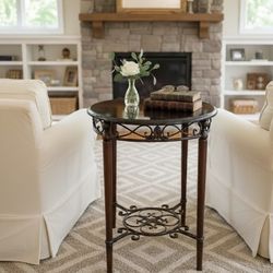 Granite Top Round End Table W/iron Details 
