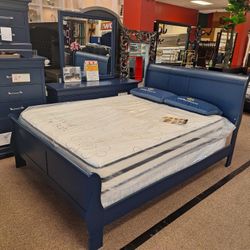 Charlie Blue Queen Bed Dresser And Mirror 