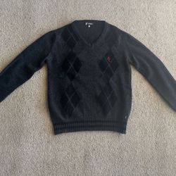 Stunning Like New Versace Jeans Couture Italy Men’s Dark Gray Black Virgin Wool Sweater Pullover Jumper Size Medium M Chevron Design