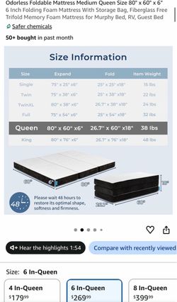 6 Inch Foldable Memory Foam Queen Mattress - new in box