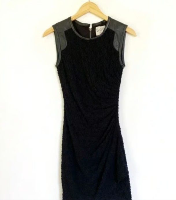 Sea NY Lambs Leather Ruched Lace Cocktail Dress 2