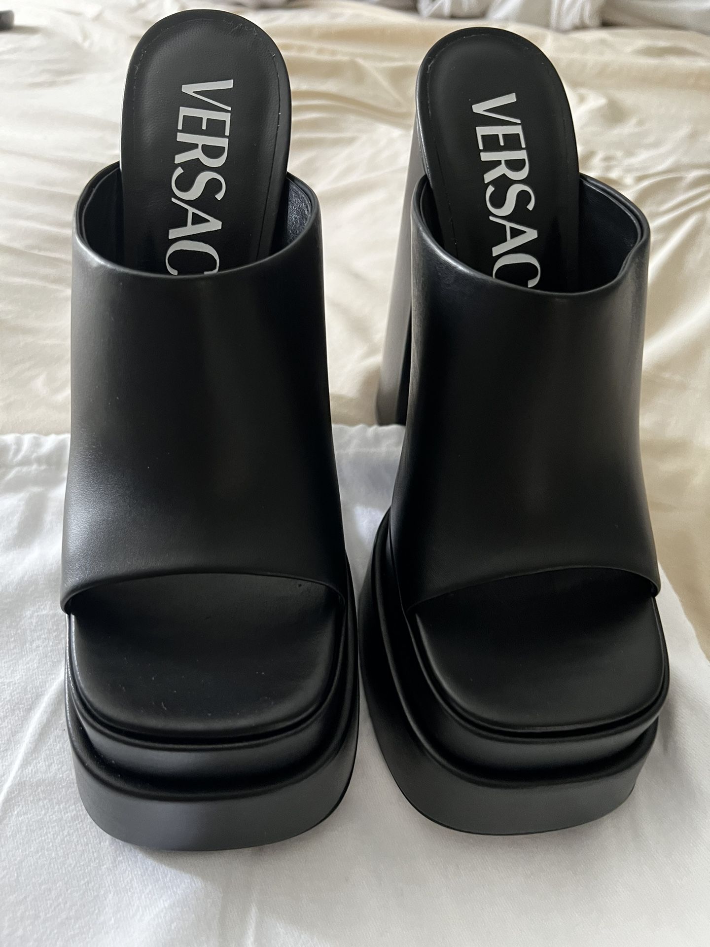 Versace Black Leather Aevitas Platform Mules