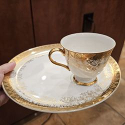 Vintage Arnart Imports Demitasse Tea Cup and Dessert Plate, White and Gold