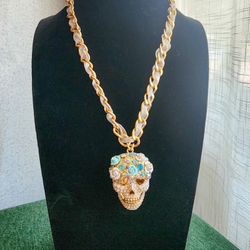 Betsey Johnson Statement Skull Necklace | Floral Rhinestone Pendant