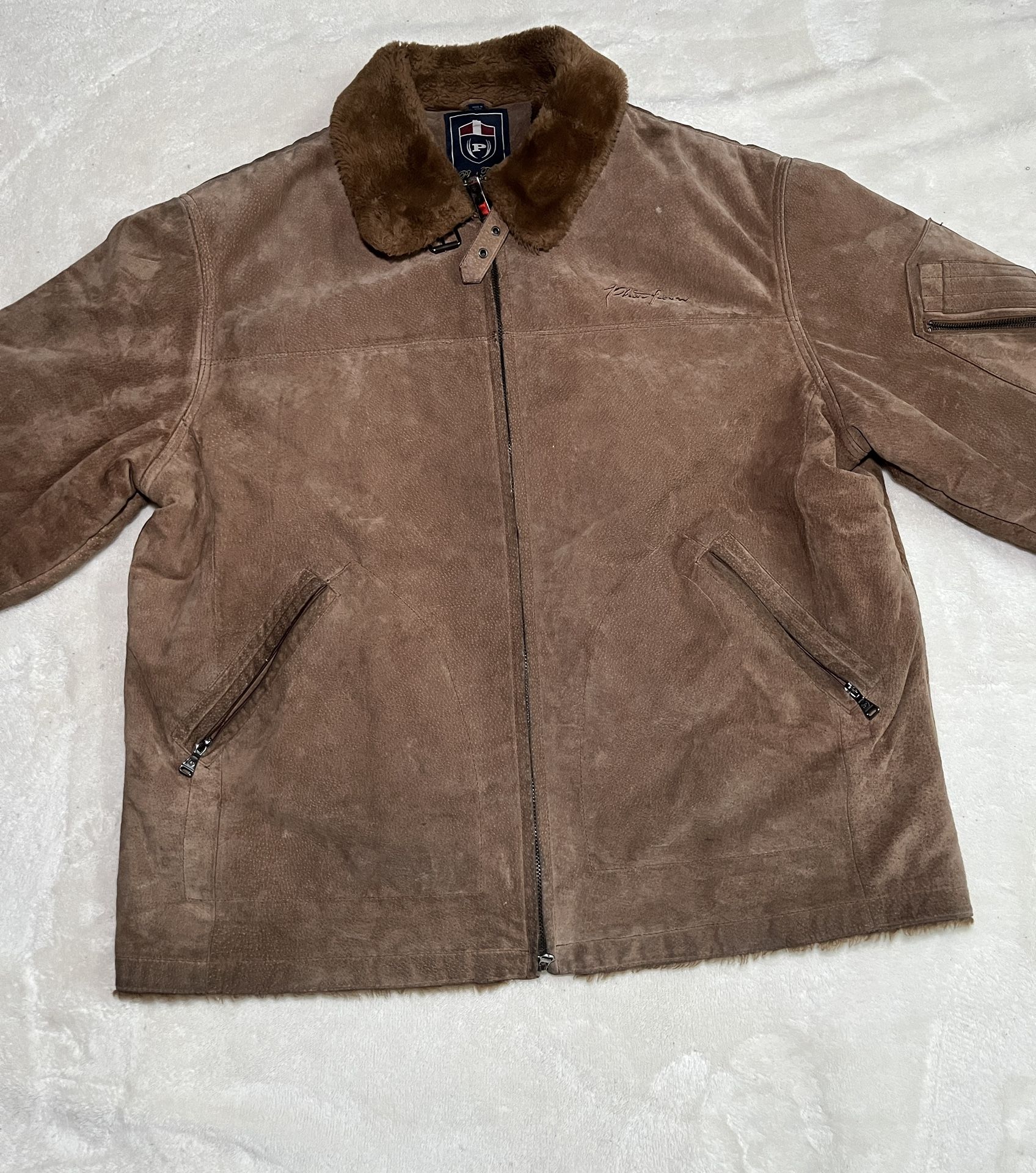 Phat Farm leather jacket 4XL Faux Fur Lined Heavy Warm Suede Brown Coat