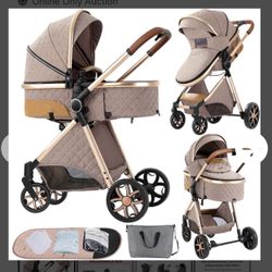  2 in 1 Baby Stroller,Infant Stroller Convertible,High Landscape Baby Carriage,Foldable Pushchair with Adjustable Canopy(khaki)