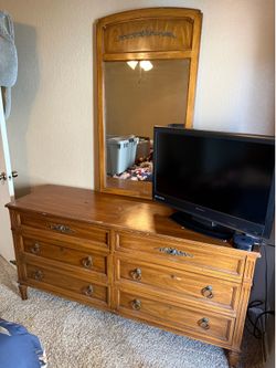 Solid Oak Vintage Bedroom Set – Dresser, Mirror, Chest & Nightstand – $350 OBO