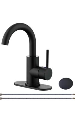 Single-Handle Bathroom Sink Faucet, Swivel Spout, with Pop-up Drain with Overflow and Supply Hose,Bar Sink Faucet,Small Kitchen Faucet Tap,Matte Black
