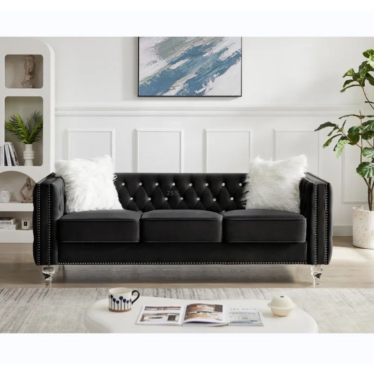 3 Seater Velvet Crystal Buckle Uphostered Sofa with 2 Plush Pillows, Modern Living Room Couch