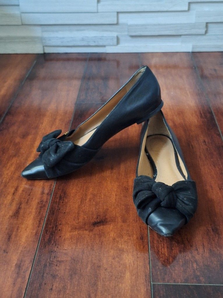 Tory Burch sz 6 Rosalinda Black Leather Printed Flat with Bow Ballerinas