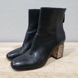 DOLCE VIDA Women's Vidal Square Toe Snake Skin Block Heel Leather Boot (8) Black