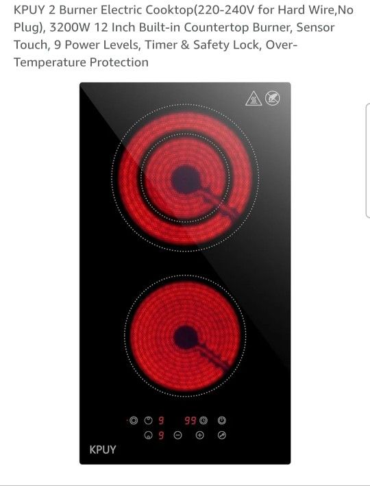 New KPUY 2 Burner Electric Cooktop(220-240V for Hard Wire,No Plug), 3200W 12 Inch Built-in Countertop Burner, Sensor Touch, 9 Power Levels, Timer 