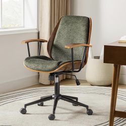 W82-Solid Wood Office Chair with Rocking Function, Comfy Fabric Desk Chair with Bent Wood and Metal Base, Height Adjustable Swivel Computer Task Chair