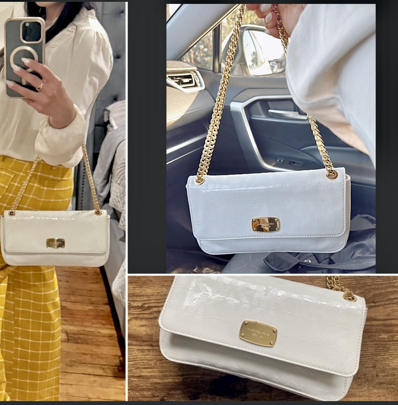 Michael Kors White Patent Clutch Gold Chain Crossbody