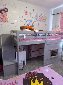 Gray Kids Loft Bed with Stairs and Storage