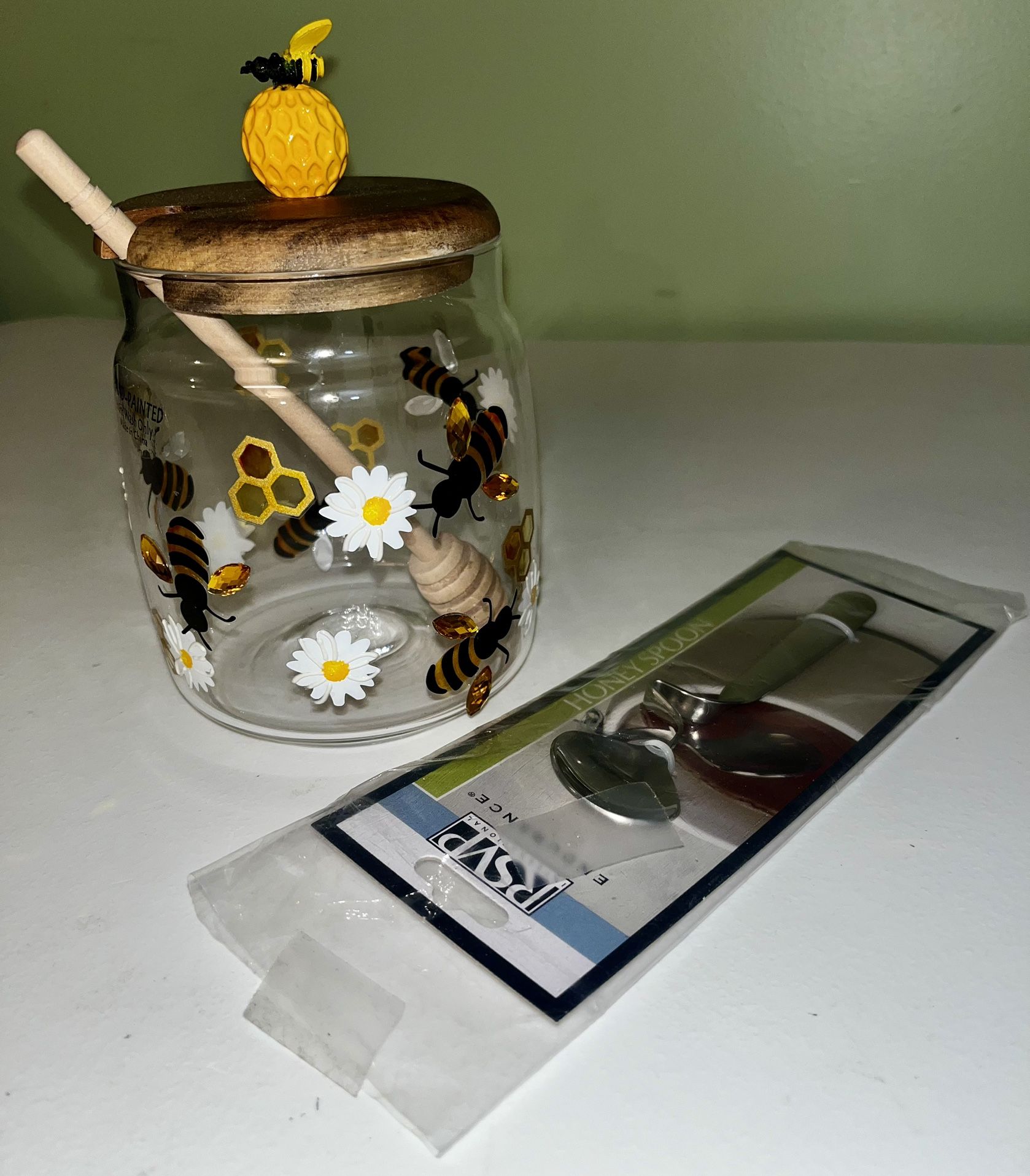 Hand-painted Glass Honeybee Honey Pot with Rhinestones and Wooden Lid & Dipper and Honey Spoon