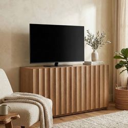 2130b  46.96” Wide Fluted TV Stand with Storage for 55 50 Inch TV, 3 Doors Mid-Century Modern Large Entertainment Center Media Console Table TV Cabine